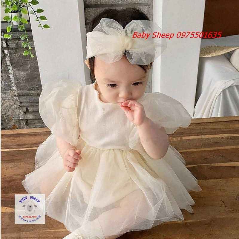 (Tặng Băng Đô) Váy body tiểu thư công chúa tay bồng váy xòe màu trắng và be Baby Sheep cho bé 0-2 tuổi hàng cao cấp