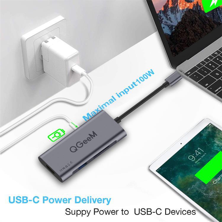 Bộ thiết bị Hub chia chuyển đổi USB Type-C QGeeM 4K 7 trong 1 sang HDMI USB Type C sạc nhanh PD 100w khe đọc thẻ SD TF