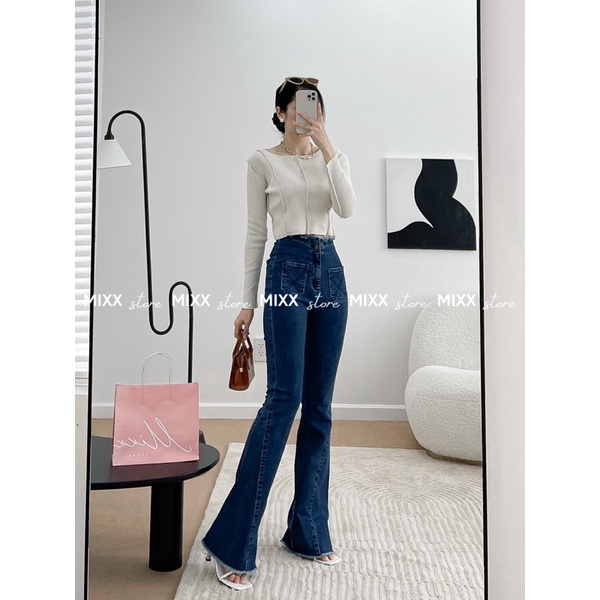 Quần Jean Nữ Ống Loe lưng siêu cao 2 túi trước chất jean dày dặn co giãn tốt phom quần dài tôn dáng