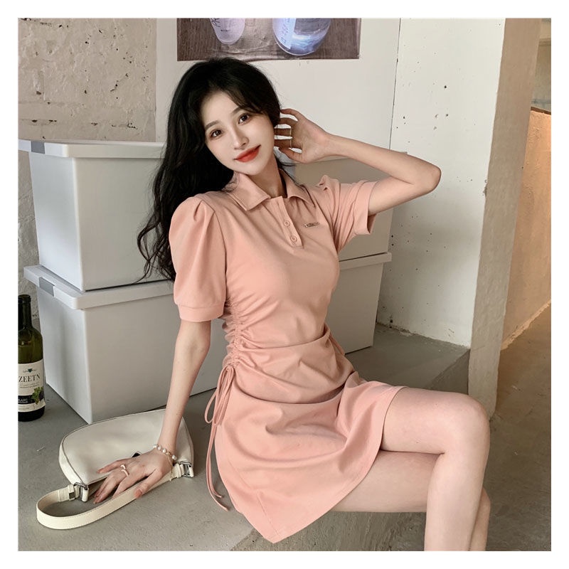 Đầm tay ngắn IELGY cổ polo phối dây rút thời trang cho nữ