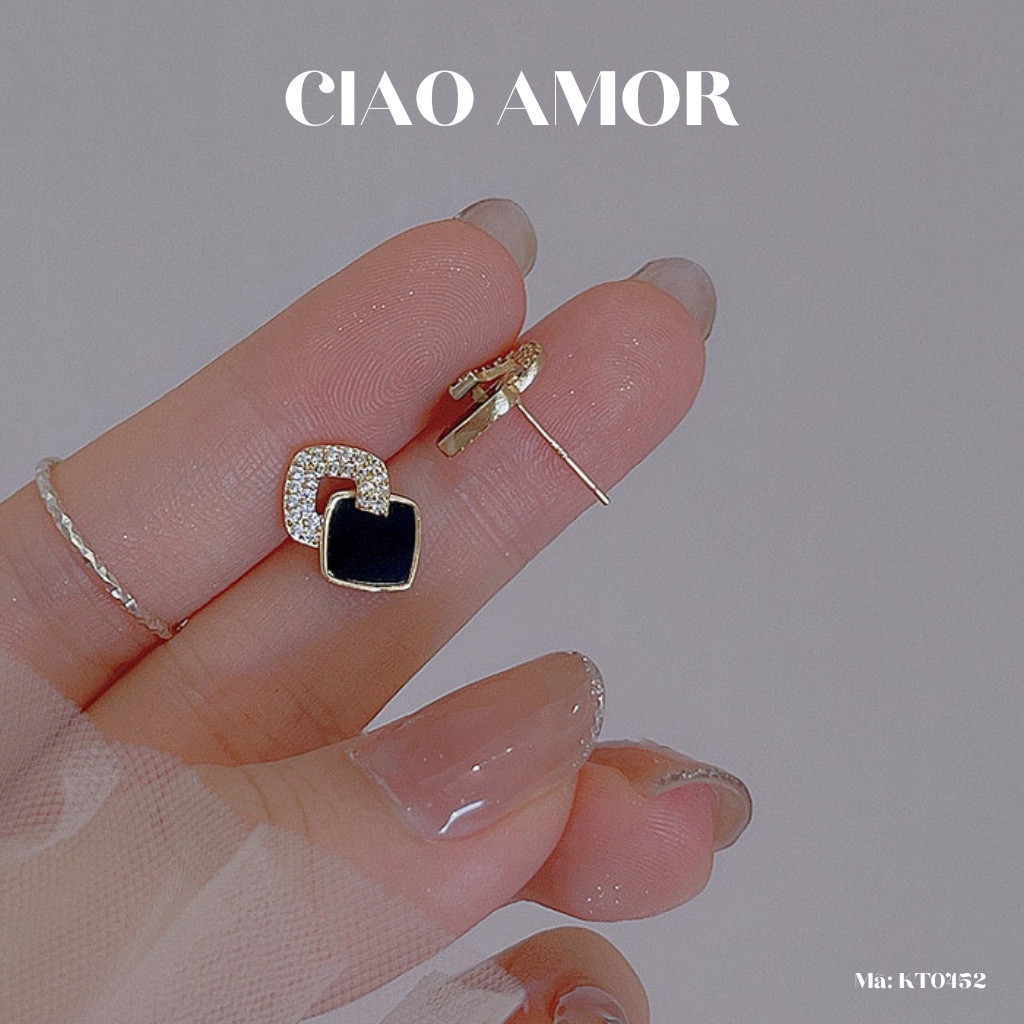 KT0452-Khuyên tai nữ, Bông tai nưc bạc 925 lớp vuông đen đính ngọc đơn giản thanh lịch Trang sức Ciao Amor