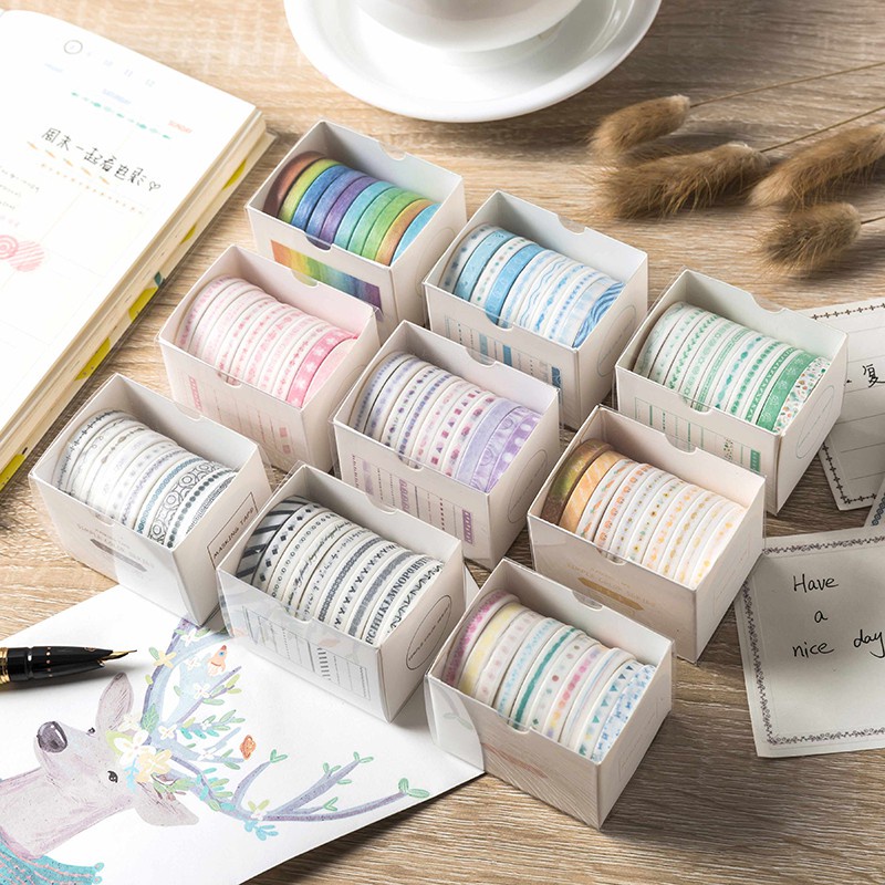 Set 10 cuộn băng dính washi nhiều màu sắc dùng trang trí album độc đáo