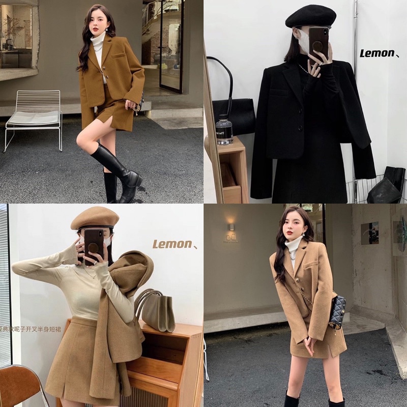 SET DẠ TRƠN ÁO KHOÁC VEST BLAZER DÁNG NGẮN KÈM CHÂN VÁY CHỮ A