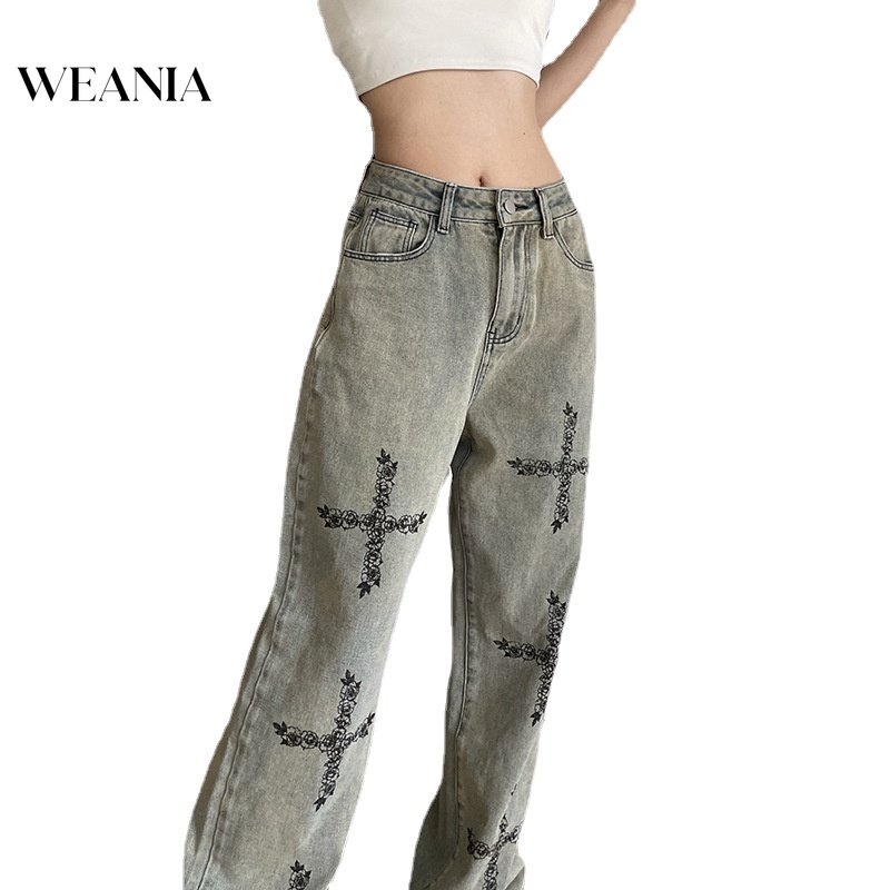 Quần Denim Lưng Thấp Ống Suông Thêu Họa Tiết Phong Cách Vintage Cho Nữ