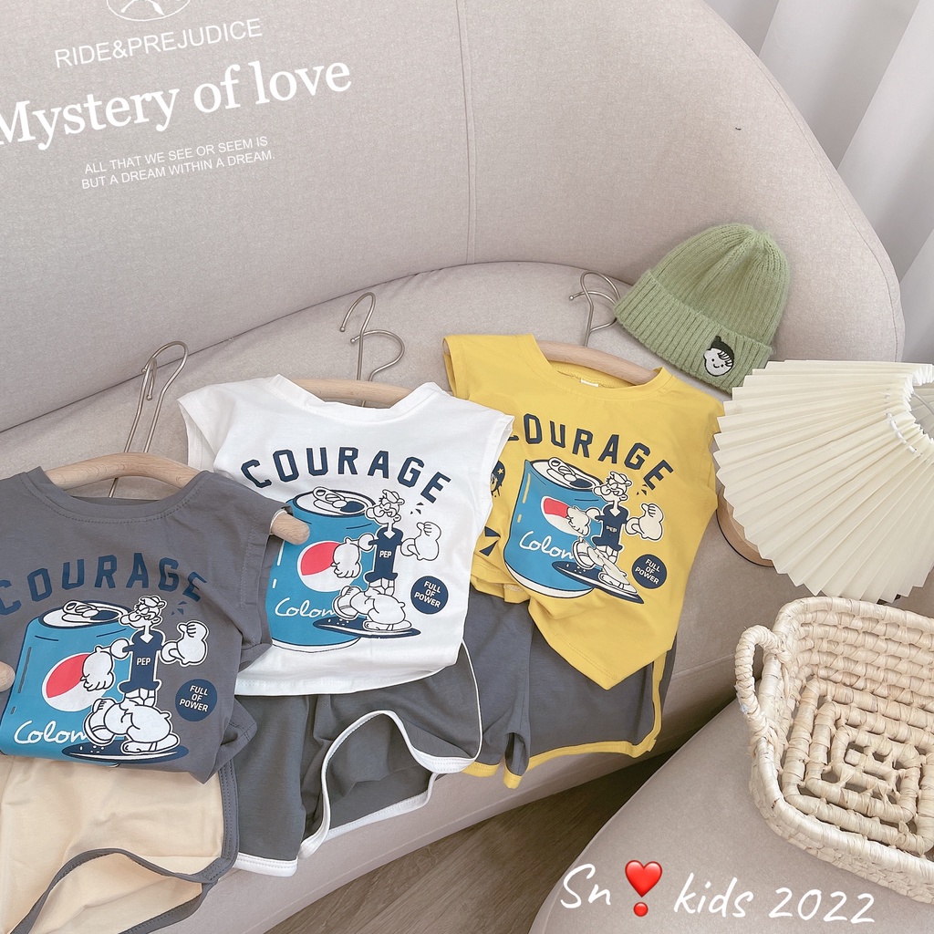 Bộ quần áo ba lỗ thể thao cho bé trai, set áo ba lỗ COURAGE phối quần chạy viền khỏe khoắn cho bé