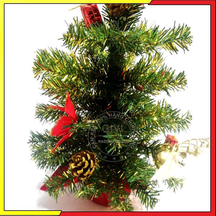 Cây Thông Noel Mini Để Bàn 40Cm Màu Xanh Vàng Trang Trí Đế Nhựa Bọc Vải Đỏ