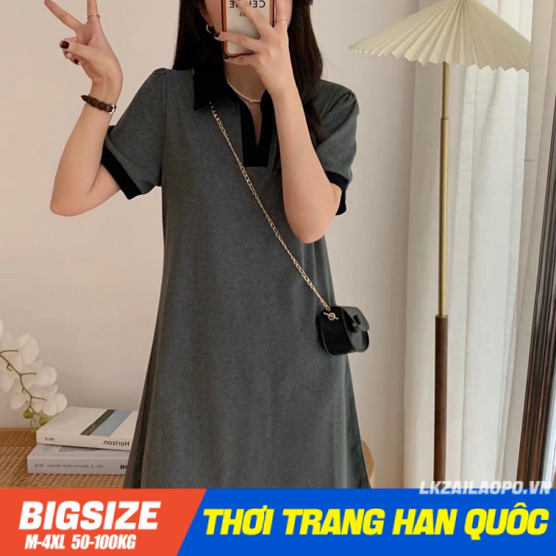 Đầm polo Bigsize Váy nữ dáng suông tay ngắn có cổ chữ a mùa hè Phong cách Hàn Quốc Thời Trang cá tính xinh đẹp cho người mập béo nữ