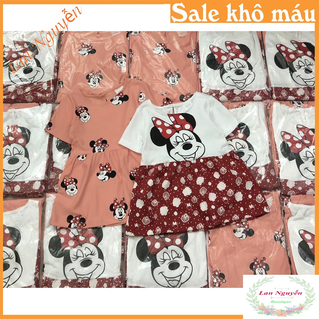 Sét 2 váy cotton hình micky hồng và trắng phối màu cho bé gái