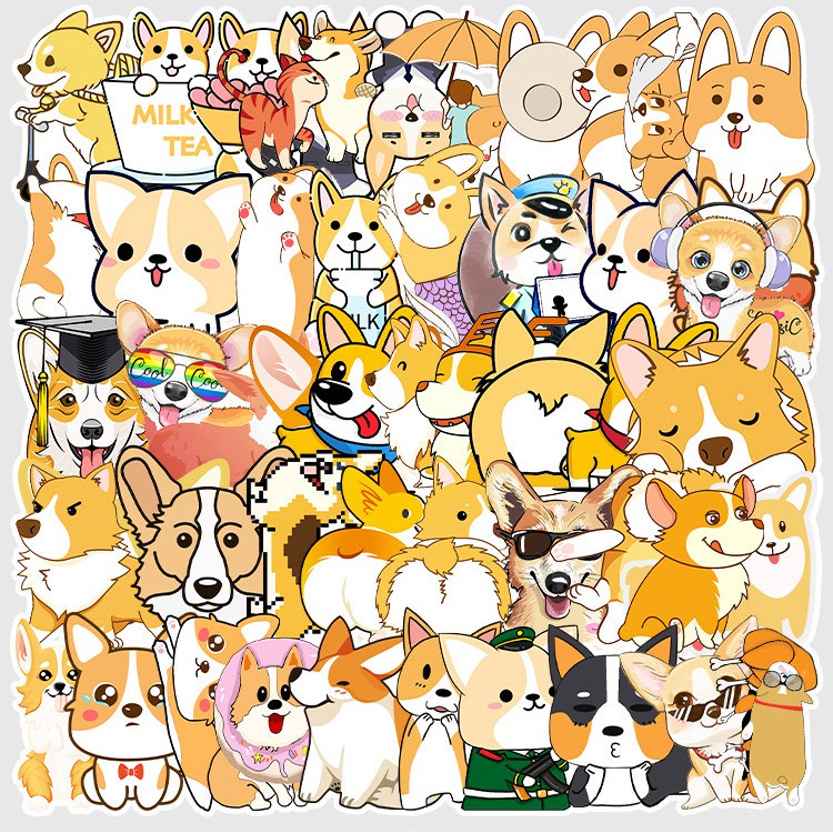 [Set 50 Cái] Bộ Sticker hình chó Corgi dễ thương dán trang trí laptop, mũ bảo hiểm, vali, xe tay ga, ván trượt - MP.053