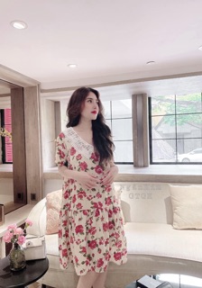 Đầm hoa dáng suông phối ren (2 màu ảnh thật)