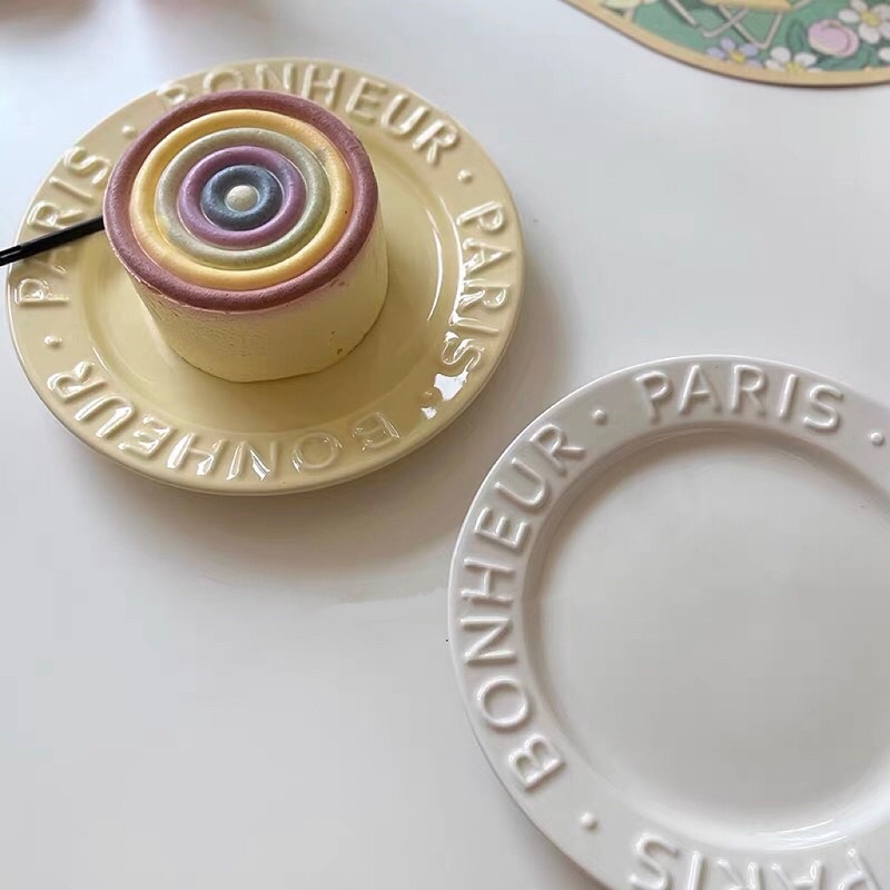 Đĩa sứ cao cấp in chữ nổi Bonmi màu pastel phong cách Hàn quốc
