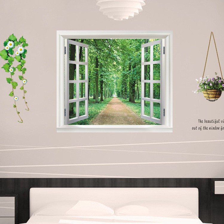 Decal dán tường - Giấy dán tường - Cửa sổ rừng xanh - 3D - AY823