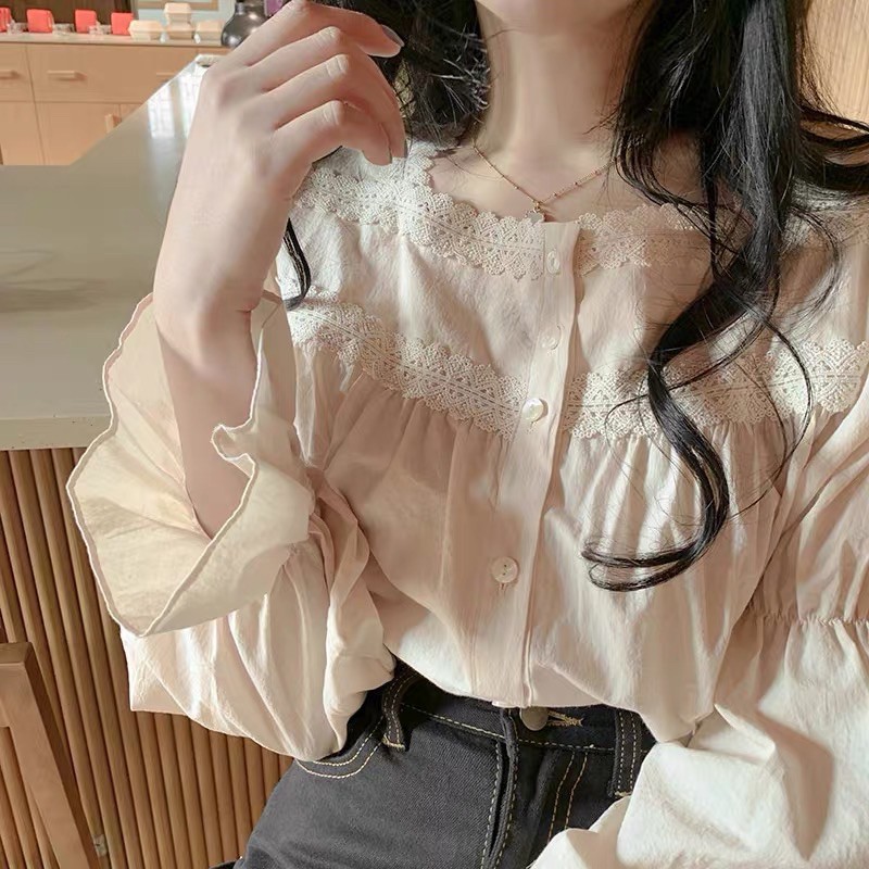Áo babydoll viền ren tay bo phong cách Retro hàn quốc kèm hình thật