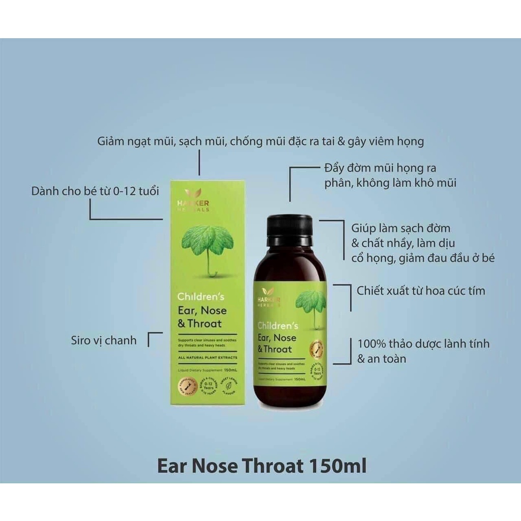 Siro thảo dược HARKER Herbals XANH LÁ TAI - MŨI - HỌNG 3 TRONG 1 cho bé từ sơ sinh 150ml