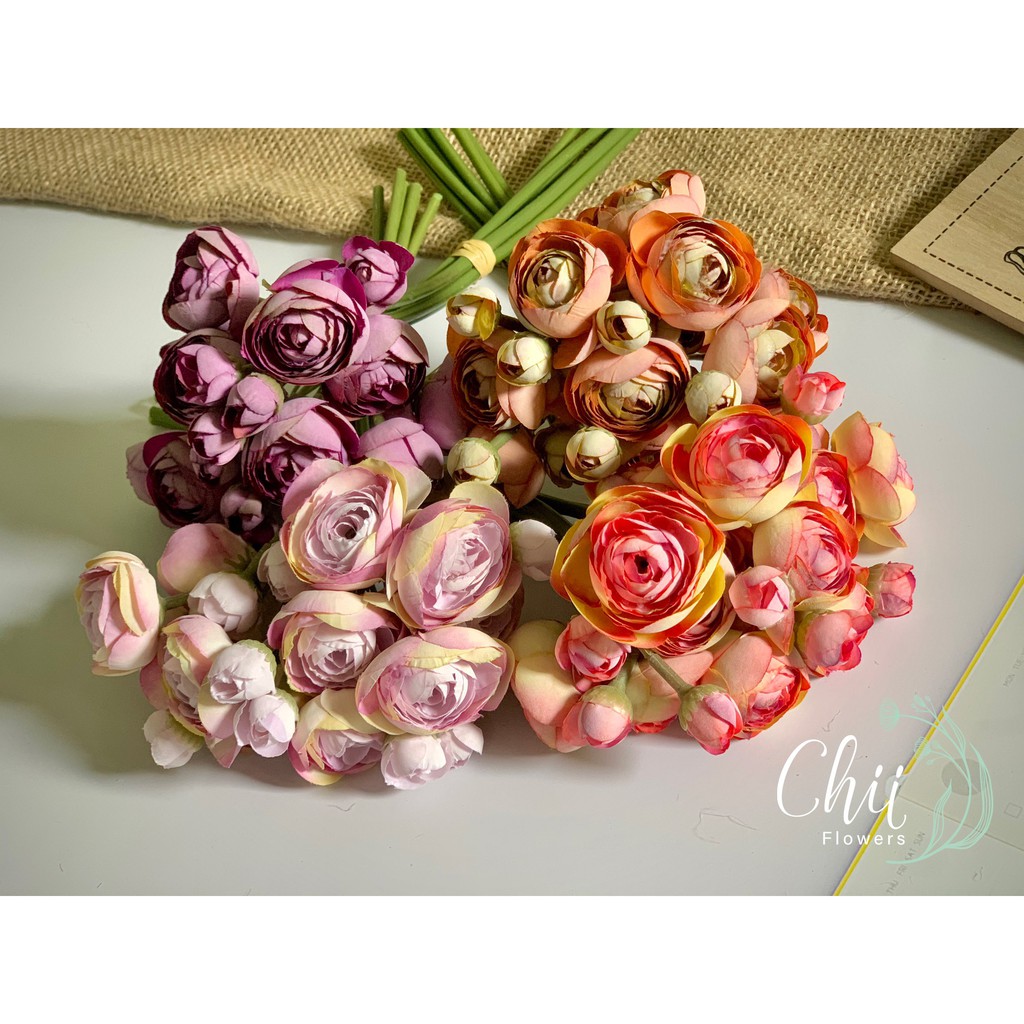 Hoa giả hoa lụa - Bó hoa trà mini nhiều màu sắc trang trí nội thất đẹp nhập khẩu cao cấp Hà Nội Chiiflower CH19