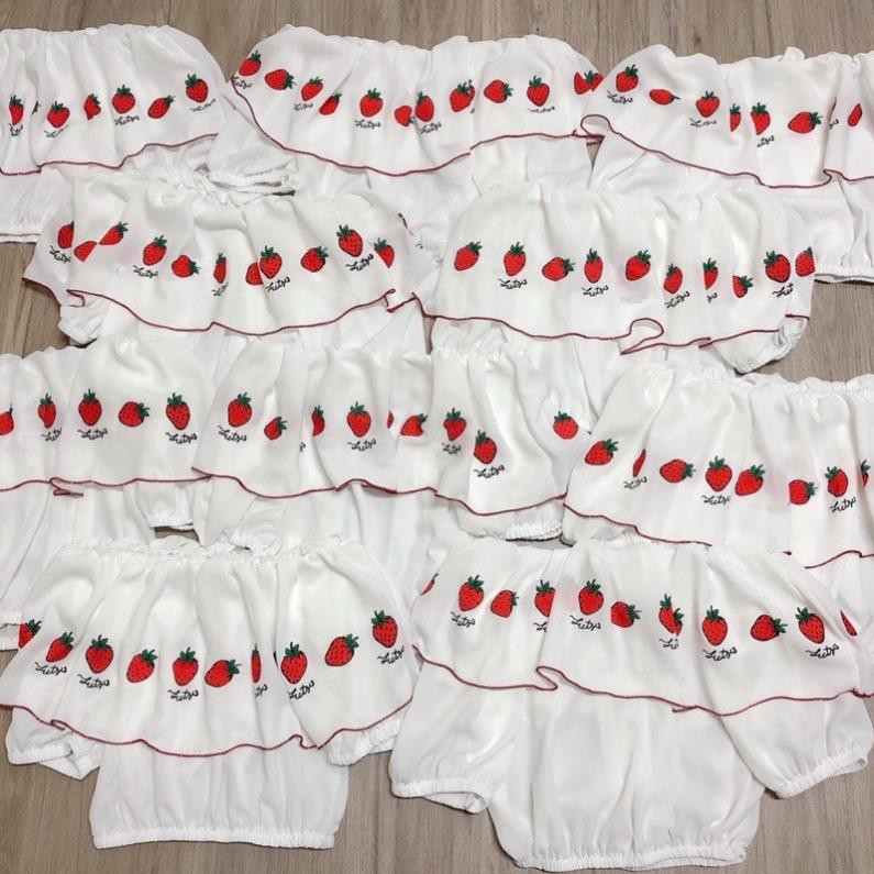 Áo Croptop Bèo 1 Tầng Tay Phồng Trễ Vai Trắng Quả Dâu DRACR120