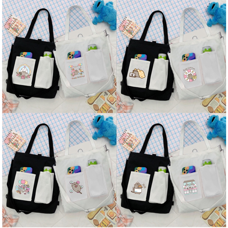 Túi Vải Tote Kiêm Balo ba anh em gấu TBL3 molang pusheen gấu brown tonton bé đào khủng long hoàng đế mèo capoo