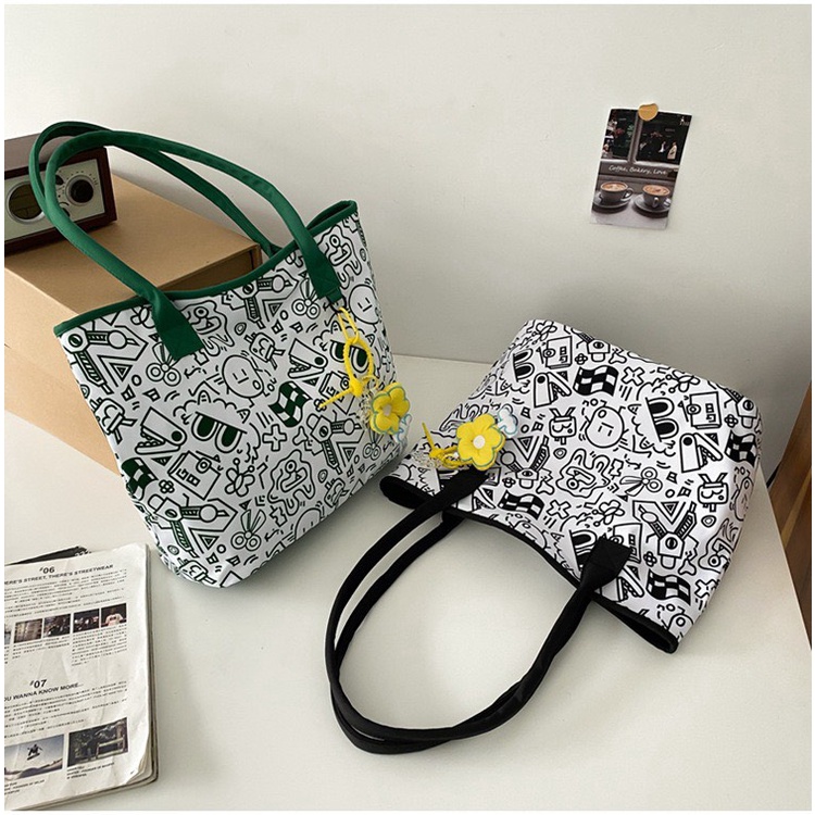 Túi tote quai xách Hazin vải canvas đeo vai sức chứa lớn hoạ tiết hoa văn phong cách Harajuku Hàn Quốc dành cho nữ