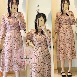 [Ảnh thật] Đầm midi voan hoa nâu tay bo vintage