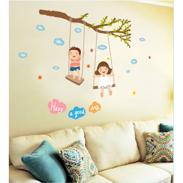 Decal trang trí tường - Trẻ Con Chơi Xích Đu cùng nhau