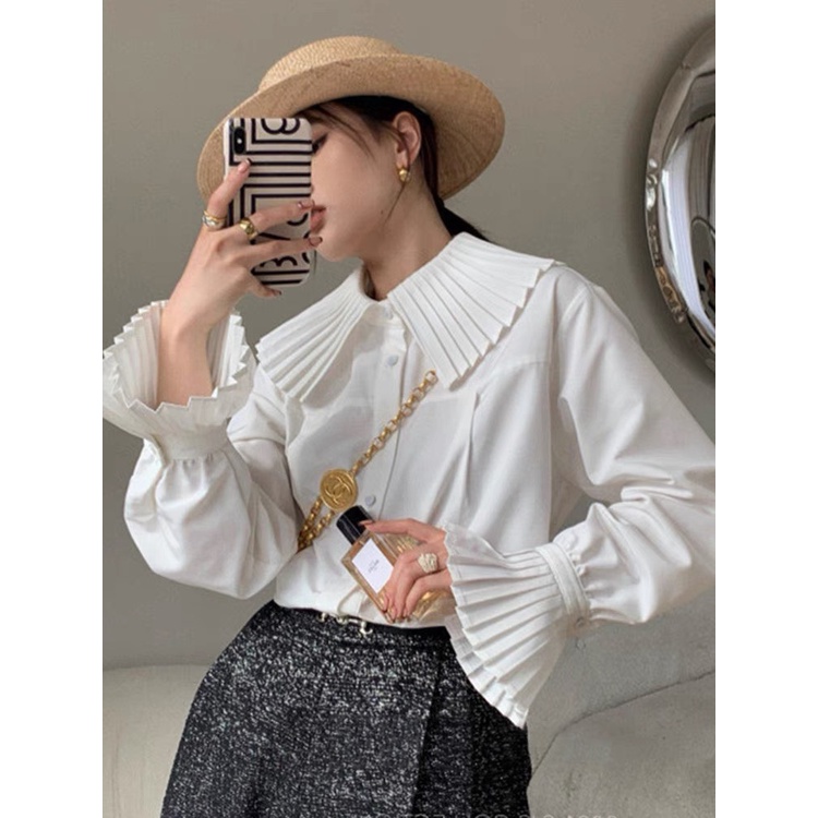 áo sơ mi trắng dập ly,somi nữ dài tay cúc ngọc,áo cổ bèo cao câp sang chảnh, cho ce văn phòng-Minxy shop | BigBuy360 - bigbuy360.vn