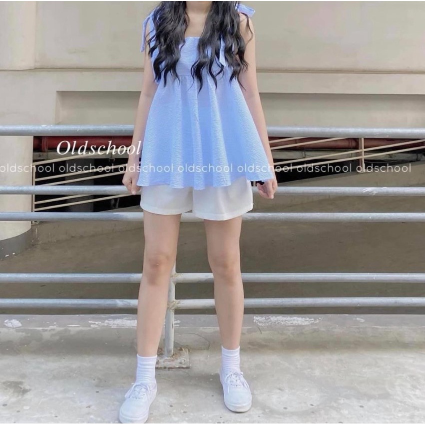 [RẺ VÔ ĐỊCH] Sét đồ nữ gồm áo babydoll nữ caro xanh+ quần đũi trắng