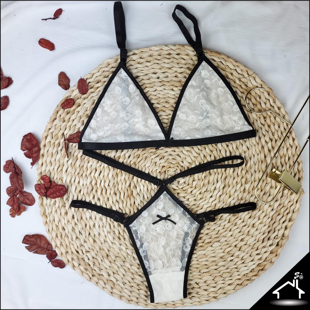 Bộ đồ lót ren không gọng kèm mút gợi cảm màu trắng cherry quần dây - Nội y sexy by NHÀ SÒ Bralette  NS173