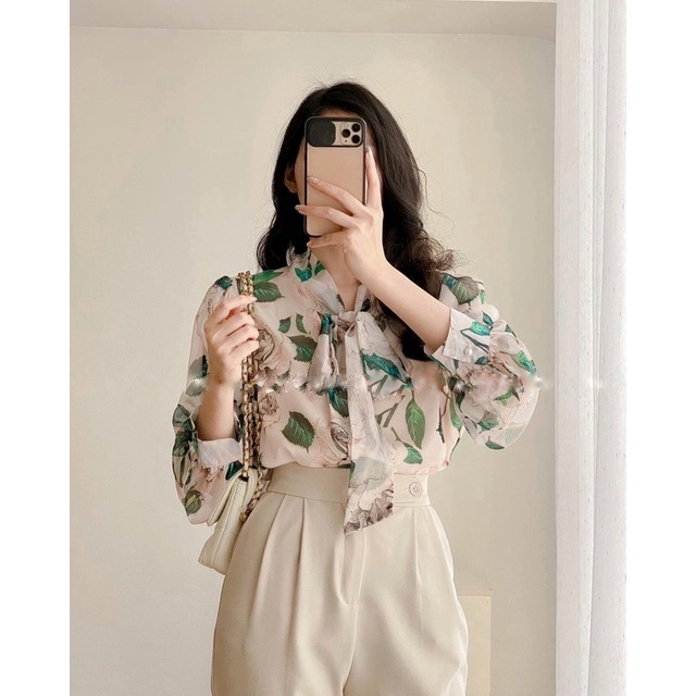 Sơ mi hoa cổ nơ tay phồng, Sơ mi tơ hoa mềm mịn | BigBuy360 - bigbuy360.vn