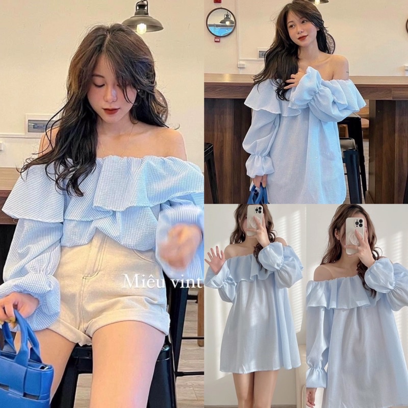 [Ảnh thật/Video]Áo trễ vai kẻ xanh thiết kế bồng bềnh đẹp nhẹ nhàng  Áo trễ vai chất xốp hàn quốc