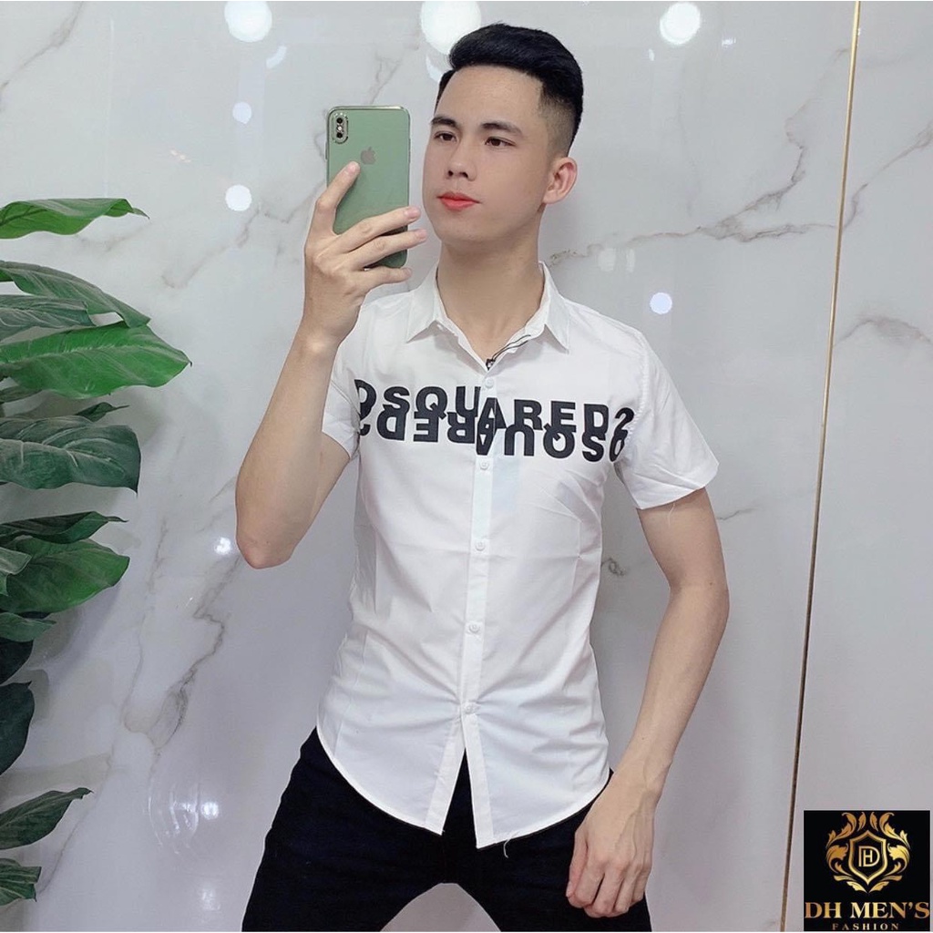 Áo sơ mi nam lụa hàn cao cấp vải đẹp chất lượng phối DSQ xanh đen chất lượng như hình