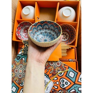 Set 6 bát con ăn cơm thổ cẩm vintage + 6 đôi đũa