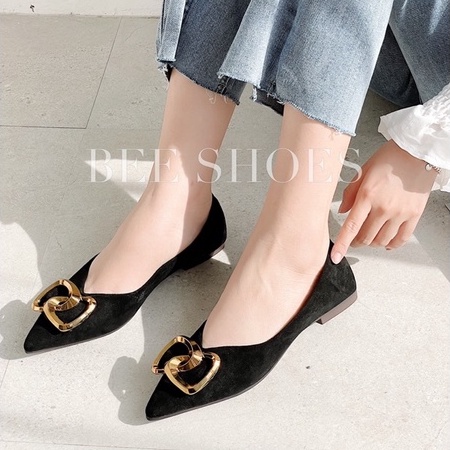 BEESHOES - GIÀY BÚP BÊ NỮ NHỌN - GIÀY BÚP BÊ NỮ DA LỘN ĐẾ BỆT SẴN MÀU ĐEN 211196