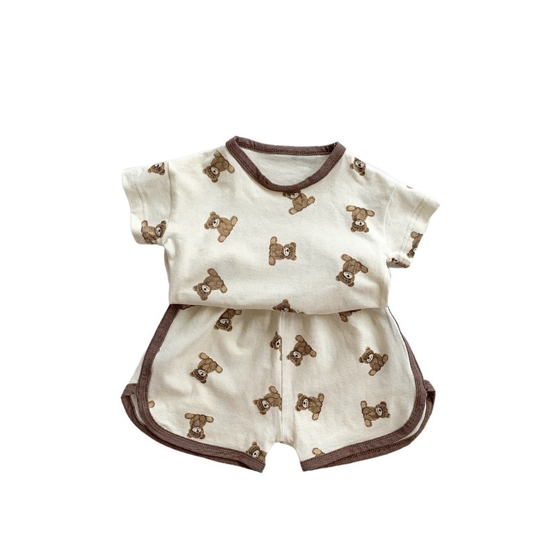 Bộ áo sơ mi in hình gấu hoạt hình + quần Short thời trang mùa hè cho bé