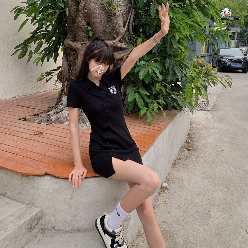 Đầm thun polo tay ngắn cổ bẻ phong cách Hàn Quốc thời trang mùa hè cho nữ