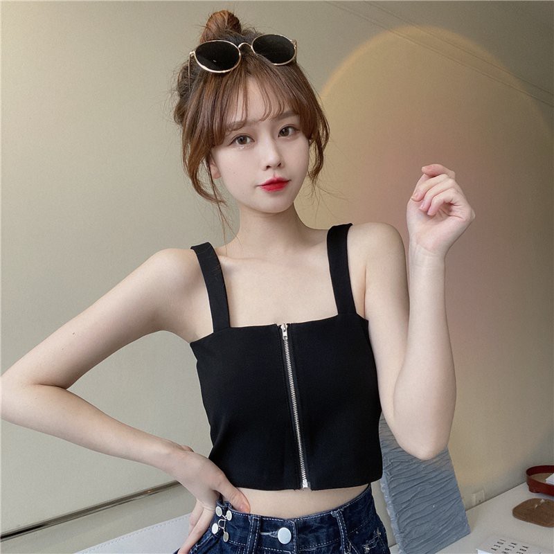 Áo croptop hai dây bản to khóa kéo sau