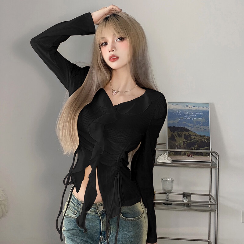 Kliou 2022 Mới vào mùa hè Áo Crop Top Tay Dài Phối Bèo Nhún Thiết Kế Dây Rút Eo Xinh Xắn Thời Trang Cho Nữ