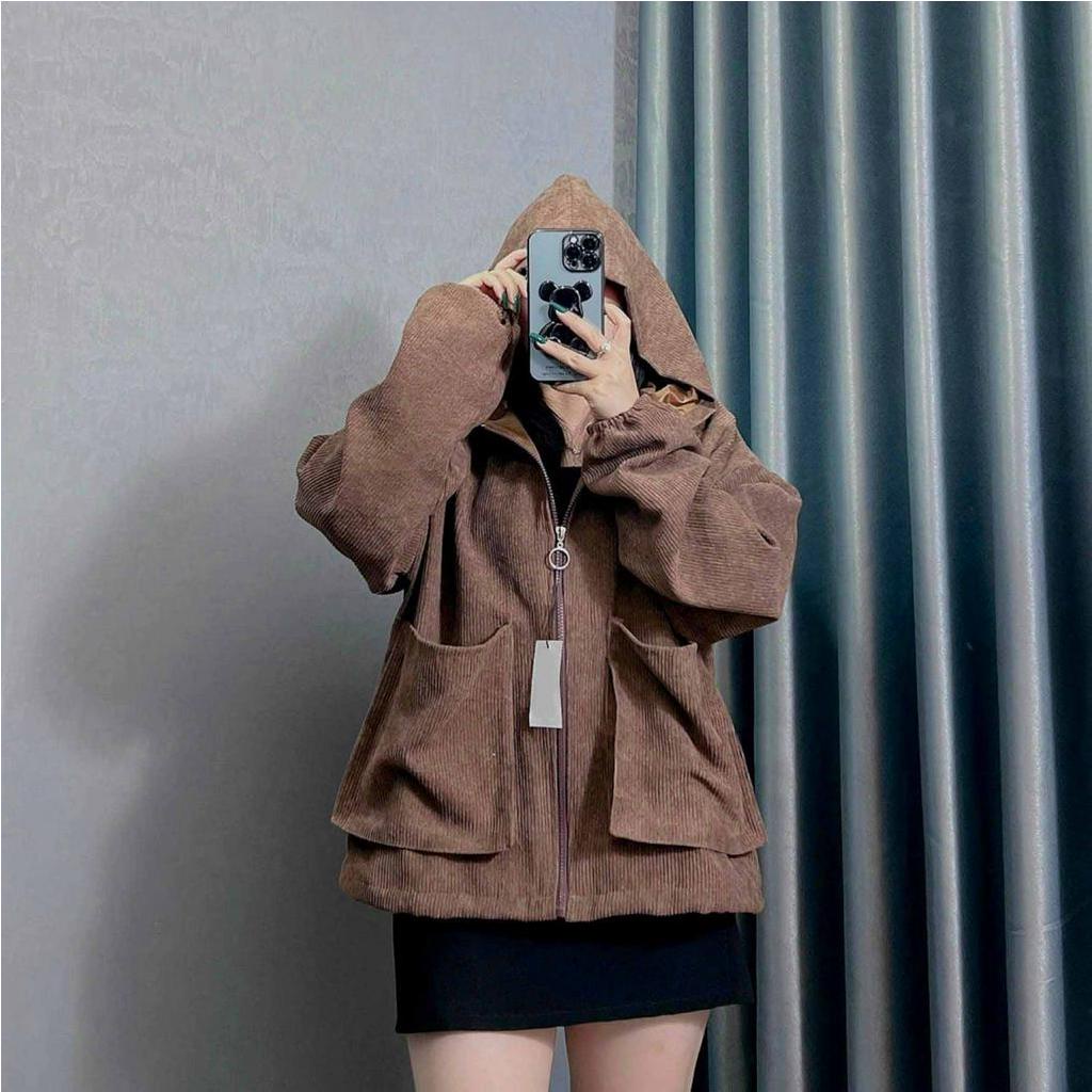 ❤️ GIÁ SỈ - MẪU MỚI ❤️ Áo khoác kaki nhung tâm nữ phối khóa có mũ from rộng thời trang