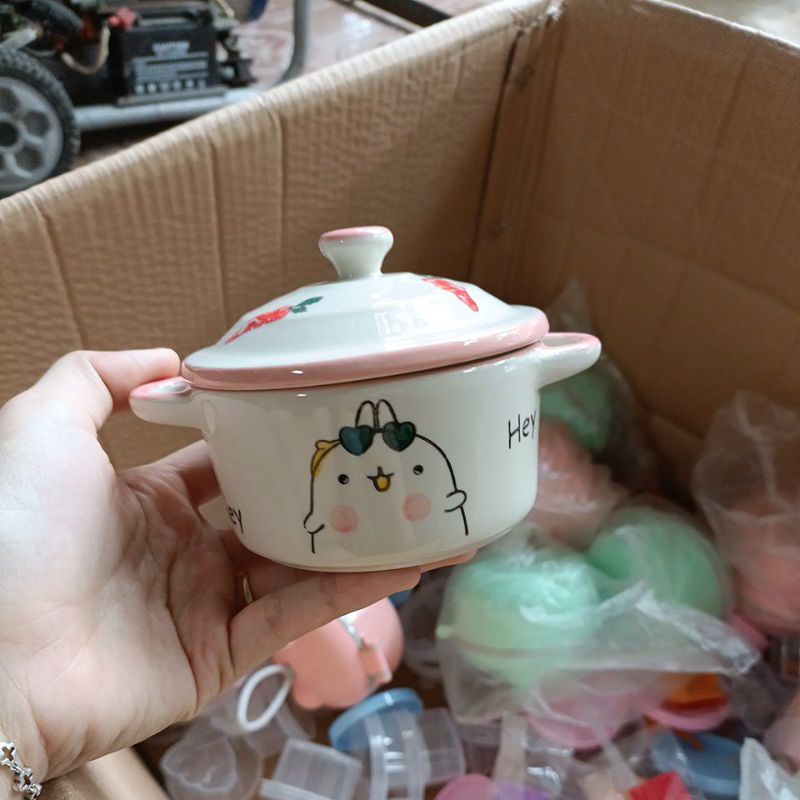Bát sứ có nắp cho bé ăn dặm hoạ tiết xinh xắn