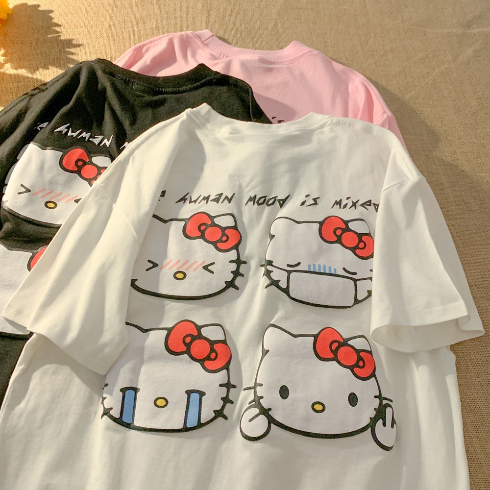Áo thun Sanrio tay ngắn chất liệu cotton in hình mèo Hello Kitty thời trang mùa hè cho bé