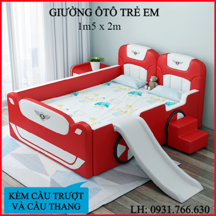 Giường ngủ kiểu dáng ôtô hiện đại cho bé trai và bé gái có kèm bậc thang cùng cầu trượt. KT: 1m5 x 2m