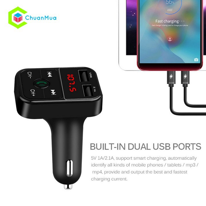 Tẩu sạc xe hơi không dây USB kết nối Bluetooth màn hình LCD hỗ trợ MP3 truyền tín hiệu FM