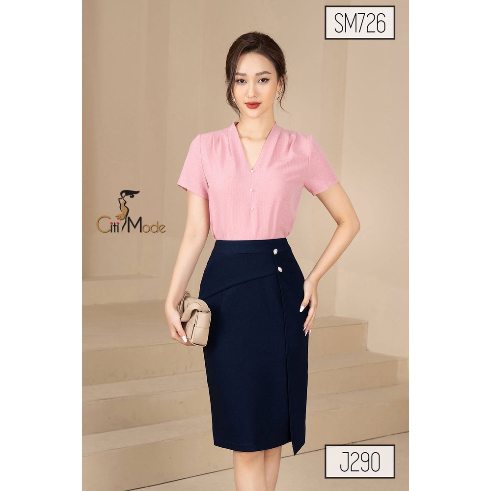 Sơ mi nữ công sở CITI MODE cổ V vai nhún tay ngắn đính ngọc 2 màu SM726 SM727