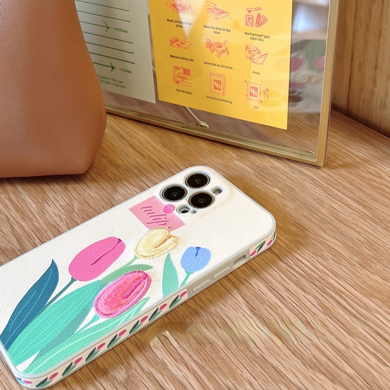 Ốp điện thoại mềm chống sốc thêu hình hoa tulip phong cách Hàn Quốc cho iPhone 13 8P 12 X/11