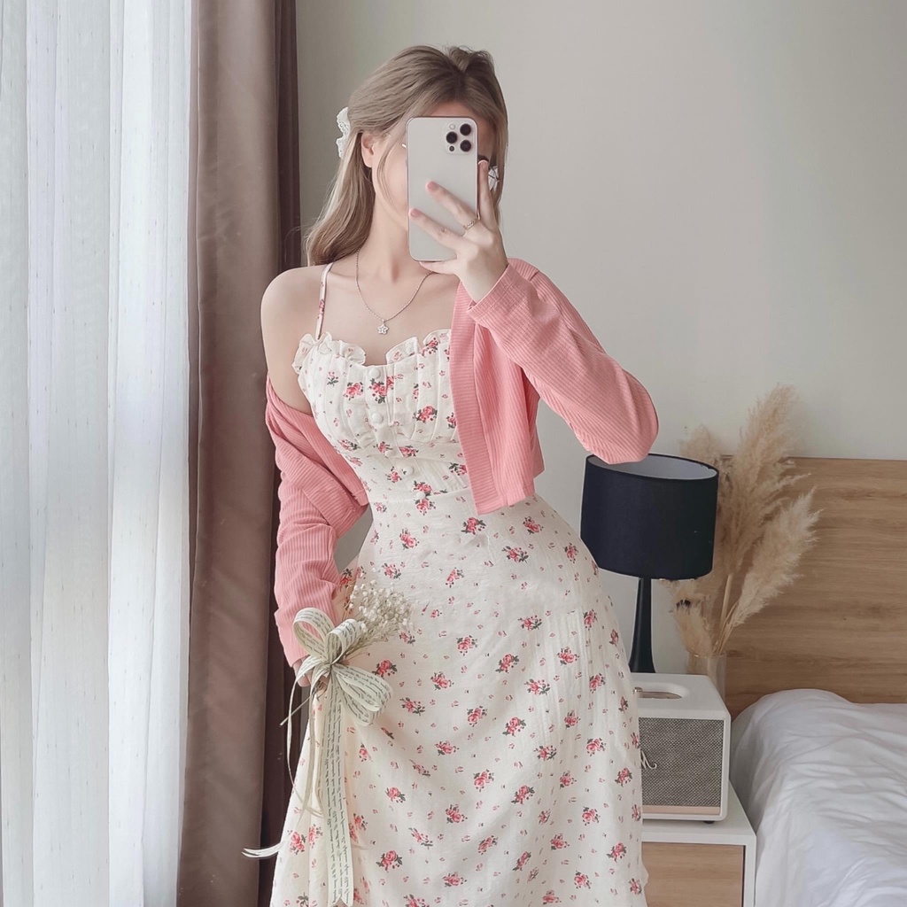 Đầm Hai Dây Hoa  Kết Hợp Áo Khoác Cadigan Len Xốp Cùng Màu HT50 HaLuu Store Thích Hợp Cho Nữ