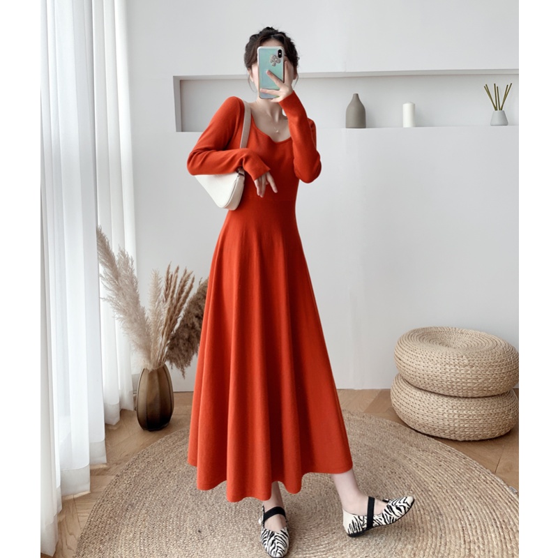 Đầm dệt kim dài ngang gối cổ vuông thiết kế dáng dài thời trang cho nữ