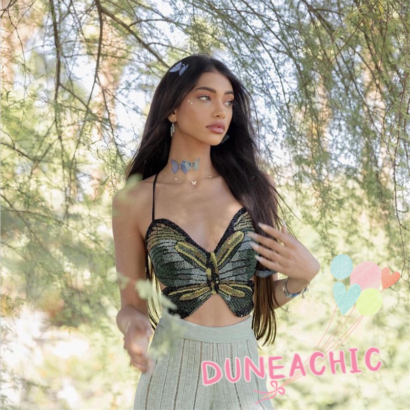 DUNEA Áo Hai Dây Cổ Yếm In Họa Tiết Bướm Quyến Rũ Cho Nữ