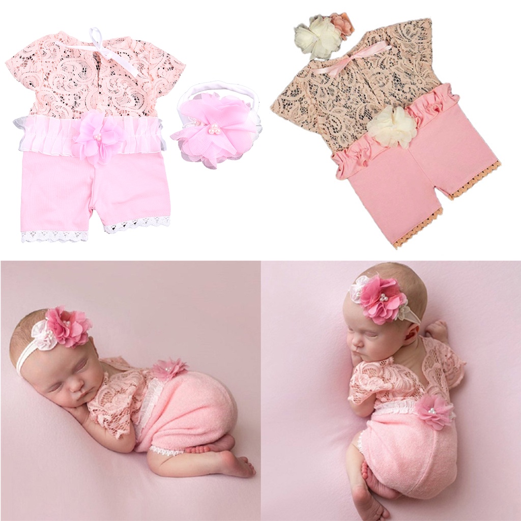 Bộ 2 Món Áo Liền Quần Phối Ren + Băng Đô Xinh Xắn Cho Bé Sơ Sinh 0-1 Tháng Tuổi