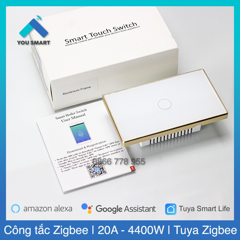 Công tắc Zigbee 20A bình nóng lạnh Tuya Smartlife công suất cao 4400W - Viền nhôm mặt kính cao cấp