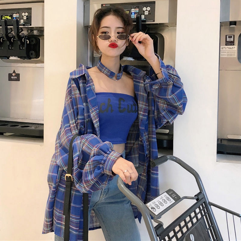 Áo Sơ Mi Caro Dáng Rộng Dài Qua Gối Phong Cách Hàn Quốc