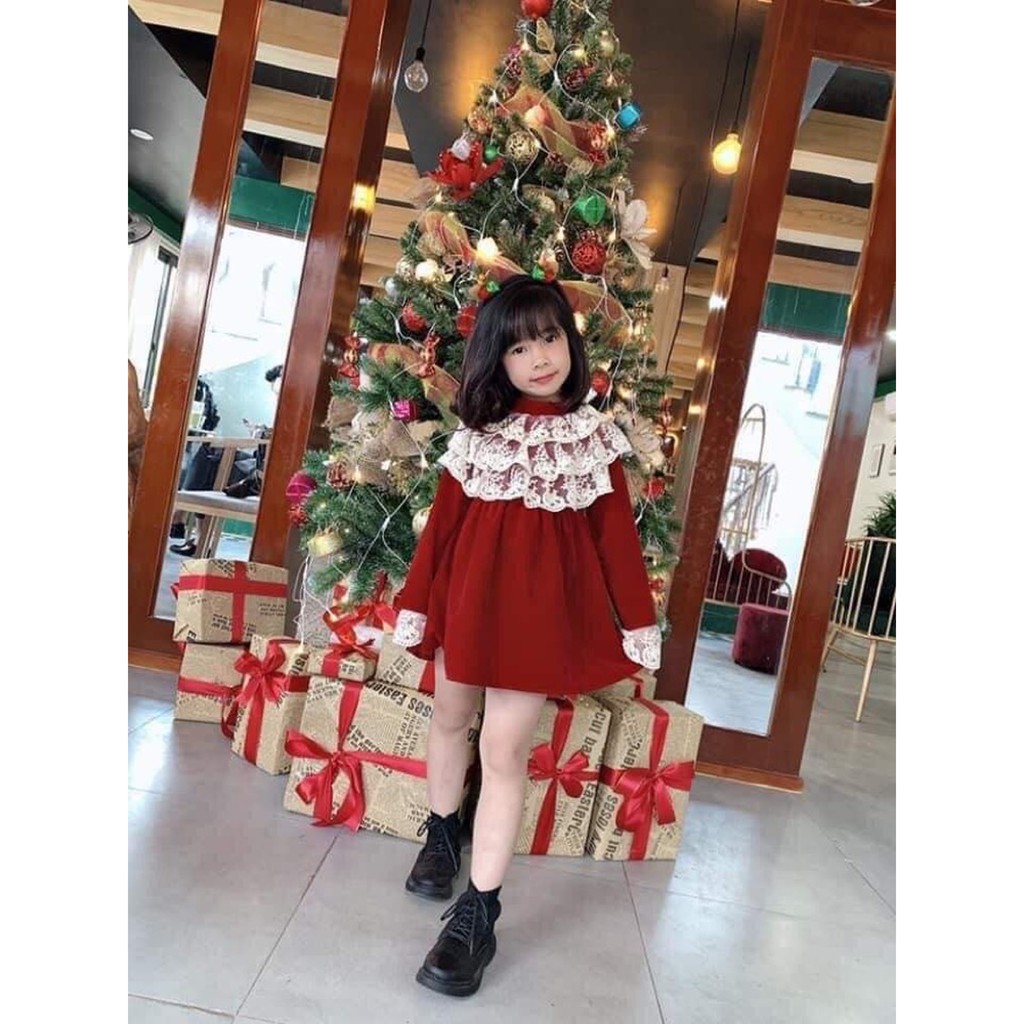 ̣̣̣̣̣̣̣̣̣̣(Hàng thiết kế siêu xinh) Váy nhung đỏ cổ thêu hoa cực sang chảnh cho bé gái mặc Tết, Noel